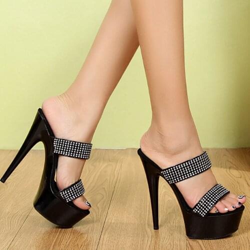 Women Summer Slippers Sexy Mules Crystal Band 15cm High Heels Black Slides Fashion Platfrom Shoes Women Footwear Plus Size 43