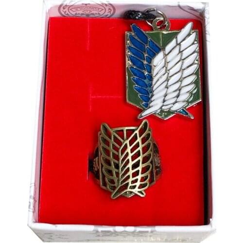 2Pcs/Set Shingeki no Kyojin Attack on Titan Recon Corps Ymir Eren Jager Metal Pendant Necklace Ring Cosplay