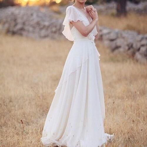 Bohemian White Lace V-Neck Boho Hippie Style A-line Chiffon Wedding Dresses 2021 Beach Floor Length Bridal Gowns