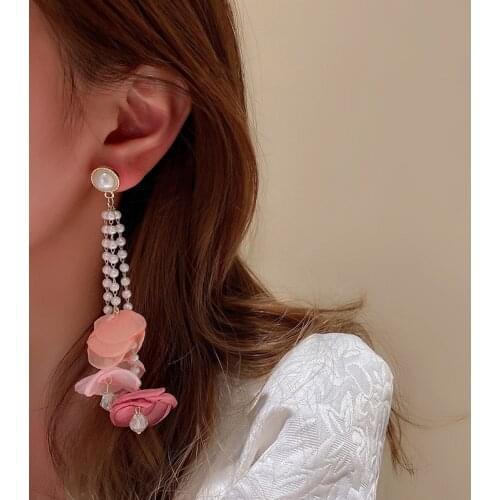 925 Silver Needle Exaggerated Jewelry with Personality Pearl Flower Tassel Earrings Long Earrings Fairy Temperament Earrings