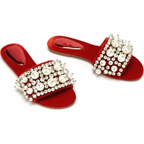 Glossy Pearl Beads Studs Slipper Crystal Red Velvet Mint Green Wool Fur Flats Slide Shoes