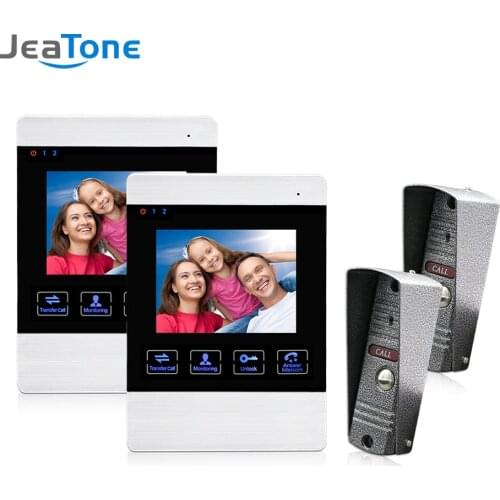 Jeatone 4 Inch TFT Wired Smart Video Door Phone Intercom System with 2 Night Vision Monitor +2x1200TVL Rainproof Doorbell Camera