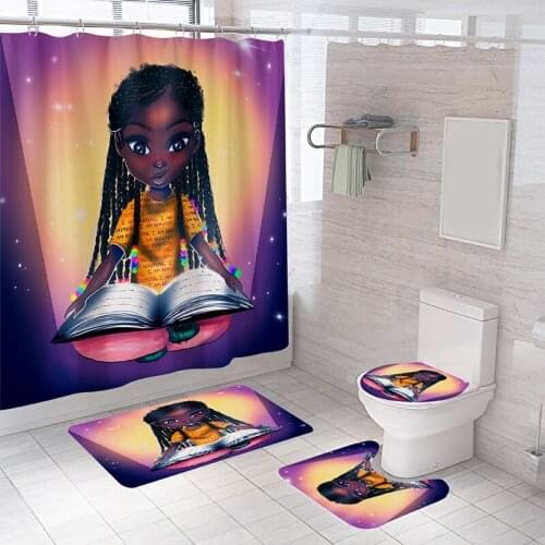 Beautiful African Girl Durable Fabric Shower Curtain Bathroom Set Afro Girl Non-Slip Rug Carpet Toilet Seat Cover Sets