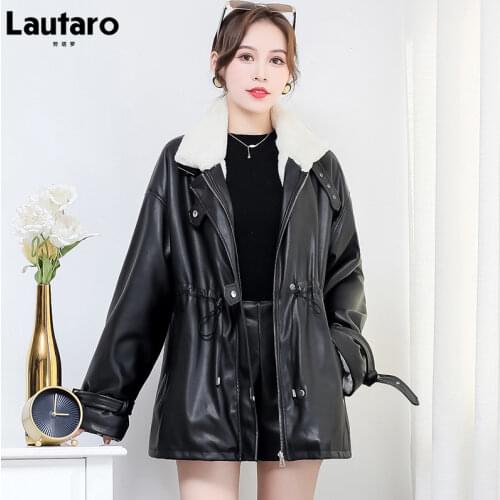 Lautaro Winter black soft oversized leather jacket with fur inside Warm rabbit fur lined jacket women leather coats with fur