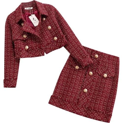 Small Fragrance Red Two-Piece Autumn And Winter Single-Breasted Long-Sleeved Casual Jacket + Bodycon Skirt Two-Piece Set