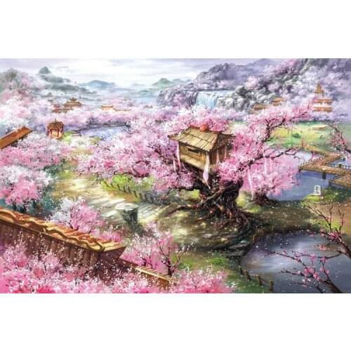 Scenic cherry blossom villa Cross Stitch Kit Crafts 14CT Unprinted For Embroidered Handmade Art Oil Painting Wall Home Decor
