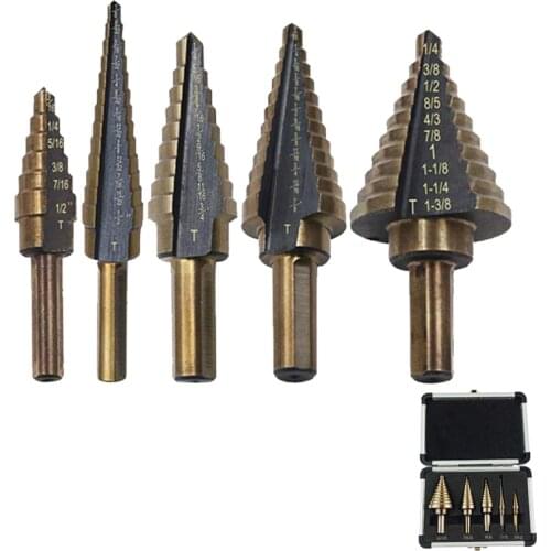 5Pcs/set Aluminum Box Set Imperial Step Drill Bit High Speed Steel Titanium Coated Metal Hole Cutter Power Carpentry Wood Tools