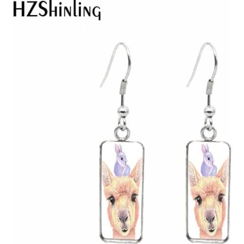 2021 New Color Alpaca Art Rectangular Earring Photo Painting Fish Hook Earrings Glass Cabochon Handmade Jewelry