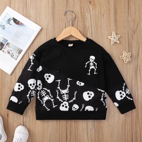 2021 New Arrivals Winter Children Casual Cotton Long Sleeve O Neck Skull Print Black Baby Girl T-shirt 1-8T