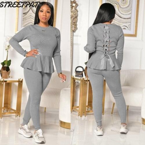 Solid 2 Two Piece Set Women Tracksuit Outfits Bandage Ruffle T Shirt Pants Joggers Sweat Suit Workout 2021 LoungeWear