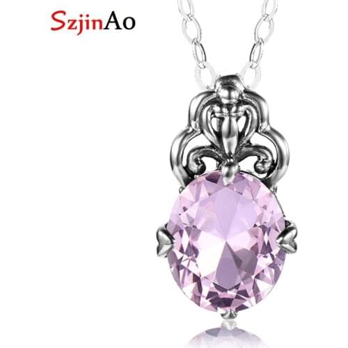 Szjinao Pink Crystal Gemstone Pendant Necklace For Women Slide Silver 925 Jewelry Handmade Cute Wedding Engagement Accessoies