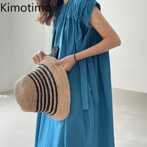 Kimotimo Korean Dress Women Vintage O-neck Drawstring Folds Design Summer Loose All-match Flying Sleeve Long Female Dresses