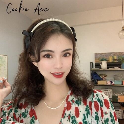 New net red temperament pearl headband black thin ribbon bow headband fashion simple headhoop hair accessories