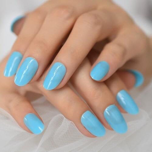Blue Glossy Press on Fake Nails Art Tip Salon Acrylic Full Cover False Artificial Short Round Nail for Women and Girl