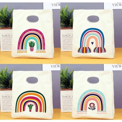 Rainbow Print Lunch Bag Insulated Cold Picnic Carry Case Thermal Portable Lunch Box Bento Pouch Lunch Container Food Storage Bag