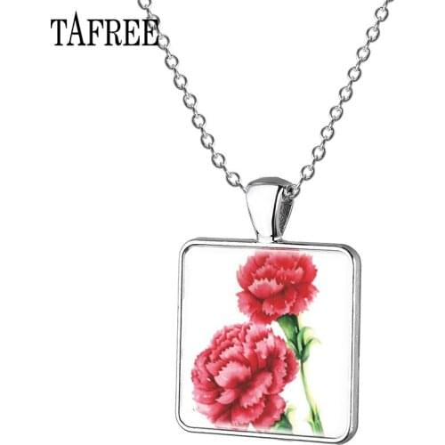 TAFREE Fashion Carnation Photo Square Necklace High Quality Long Chain Pendant Necklace Jewelry For Teacher MOM Women Gift KL86