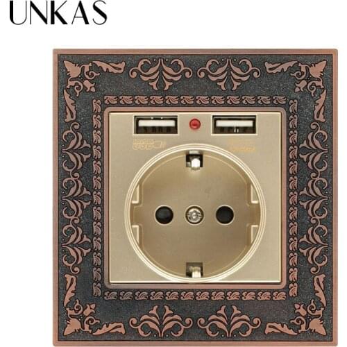 UNKAS Embossed Panel EU Standard Power Wall Socket With Dual USB 2.1A Zinc Alloy High End Retro Panel 16A Gold Charging Port