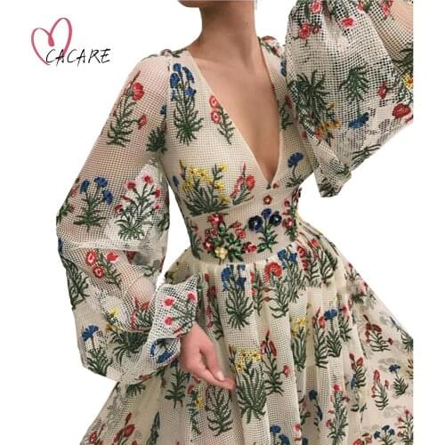 Vintage Summer Dress Women Sexy Maxi Boho Beach Dresses Ethic Style F0052 Lantern Sleeve S-2XL CACARE