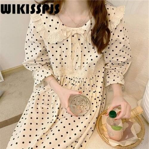 WIKISSPJS 2021 Summer New Retro Court Storm Point Ruffle Baby Collar Dress Ruffle Nightdress Sleepwear Women Night Gown Cute