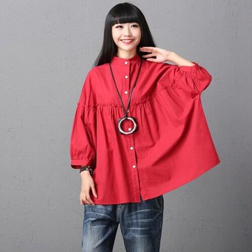 Johnature Women Cotton Linen Shirt Stand Blouses Loose 2021 Autumn New Long Sleeve Women Clothing Vintage Blouses