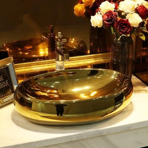 Golden oval Europe Vintage Style Ceramic Art Basin Sinks Counter Top Wash Basin Bathroom Vessel Sinks ceramic antique wash basin