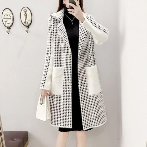 2021 New Winter Imitation Mink Fur Coat Women Plaid Fashion Coats Female Mid-length Thick Ladies Warm Jacket Western Style Trend