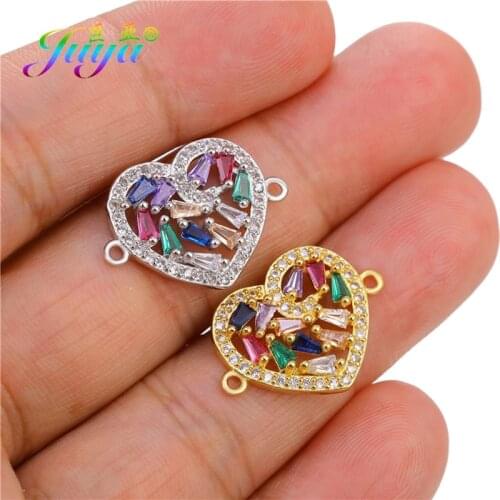 Juya DIY Rainbow Cubic Zirconia Jewelry Accessories Love Heart Charms Connectors For Women Handmade Bracelets Necklace Making
