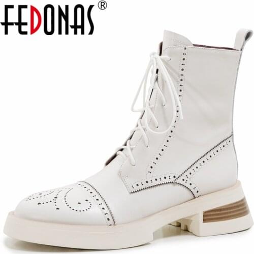 FEDONAS Top Quality Genuine Leather Women Ankle Boots Retro Hollow Round Toe Lace-Up High Heels Office Shoes Woman Autumn Winter