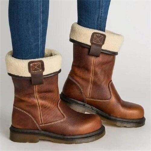 Women Snow Boots Fashion Flat Heel Pu Leather Ladies Warm Fur Boots Cool Style Mid-calf Motorcycle Girls Spring Autumn Shoes