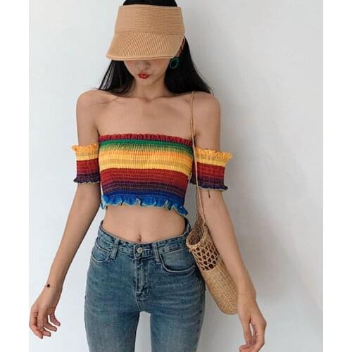 Women wrap crop top rainbow stripe off shoulder colorful sexy t shirt short stretch boho fashion 2021 new character femme wear