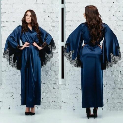 2020 Navy Long Lingerie Womens Ladies Bride Robes Kimono Robe Satin Silk Lace Nightgowns Sleepwear Wedding Bride Wear