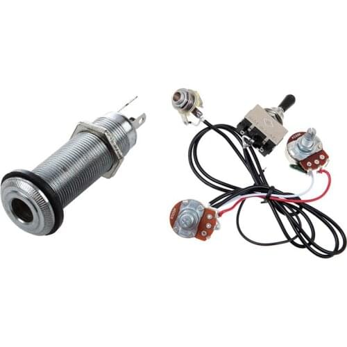 1 Pcs 1/4 Inch Chrome Cylinder Flush Mount Jack & 1 Set Guitar Wiring Harness Prewired Switch Silver