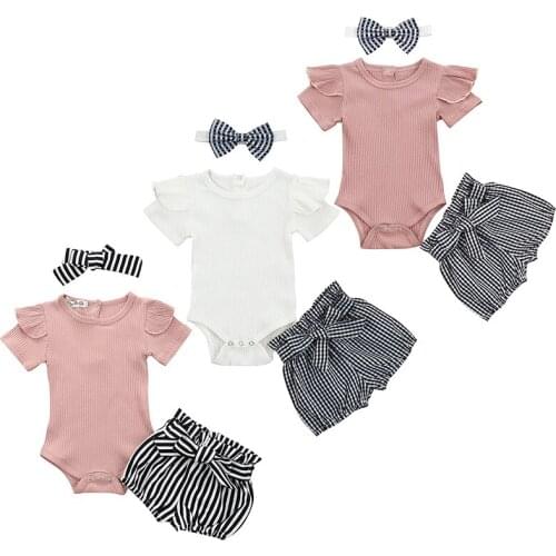 2021 New Summer 3Pcs Baby Girls Infant Clothes Set Romper Jumpsuit Bowknot Denim Shorts Outfits kid Clothes for girls Jumpsuit