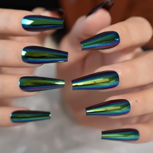 Green Holographic Coffin Nail Full Cover Long Colorful Press On Manicure For Finger Wearable False Nail