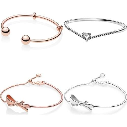 Sparkling Heart Wishbone Brilliant Bow Logo Caps Open Bangle 925 Sterling Silver Bracelet Fit Pandora Bead Charm Diy Jewelry