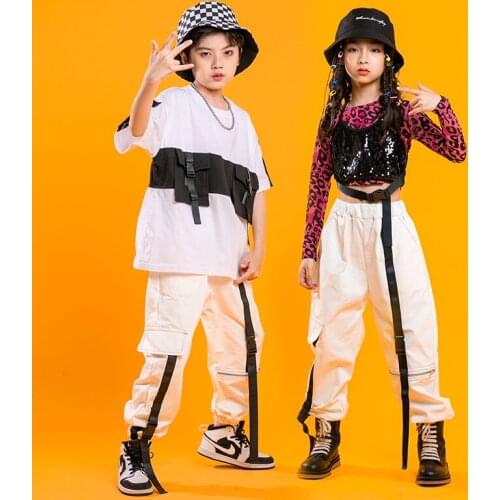 Kids Hip Hop Clothing Leopard Crop Tops Sequin Tank Top Streetwear Tactical Cargo Pants For Singers Girl Dance Costume Clothes