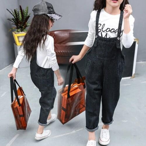 Spring Kids Girls Blue Black Big Pocket Jeans Pants Children Denim Bib Jumpsuit Overall Trousers Teenage Girls Loose Leggings