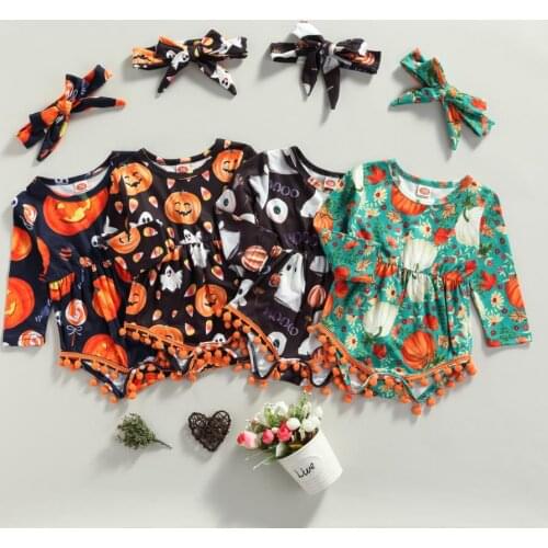Baby Girls Halloween Bodysuits Clothes Long Sleeve Round Collar Romper Bow Knot Headdress Halloween Costume