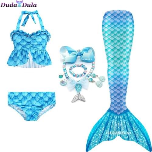 4PCS/Set The Little Mermaid Tail Costume Children Mermaid Tail Cosplay Kids Girl Fancy Swimsuit Halloween Costume No Flipper