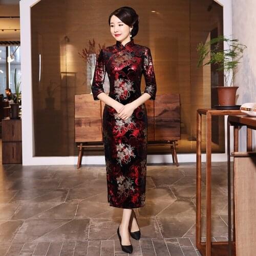 FZSLCYIYI Gold Velour Print Wedding Cheongsam Long Chinese Dress Oriental Style Robe Orientale Velvet Qipao