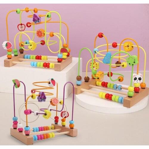Montessori wooden beaded childrens early childhood education animal fruit intelligence hand-eye coordination building block toy
