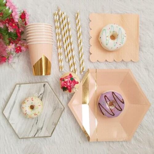 JX-LCLYL Gold Pink Marble Texture Tableware Plates Set Children Birthday Party Decoration