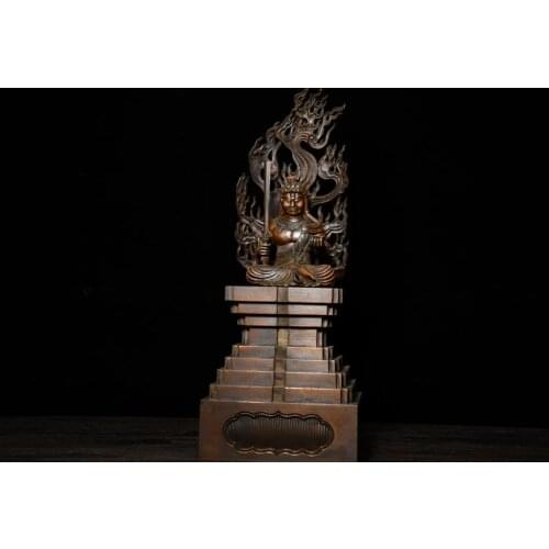 14" China Lucky Seikos Boxwood Sitting on the Buddha Terrace Fudo King Statue Aryaacalanatha Buddha Statue Fudozun Bodhisattva