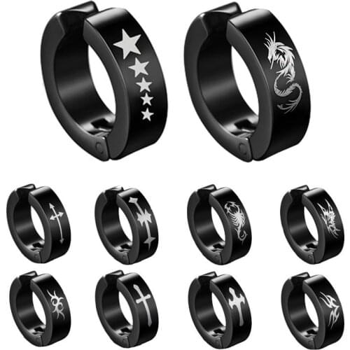 1 piece Punk Men/Women Stainless Steel Ear Clip Earrings Black Pattern No Pierced Fake Ear Circle New Pop Jewelry