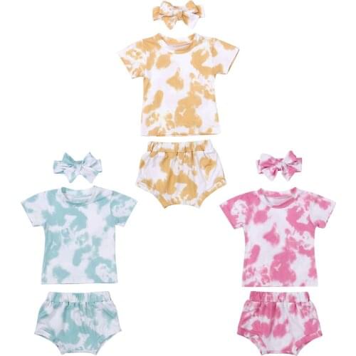 0-24M Newborn Baby Girls 3-piece Outfit Set Short Sleeve Tie-dye Print Top+Shorts+Headband Set
