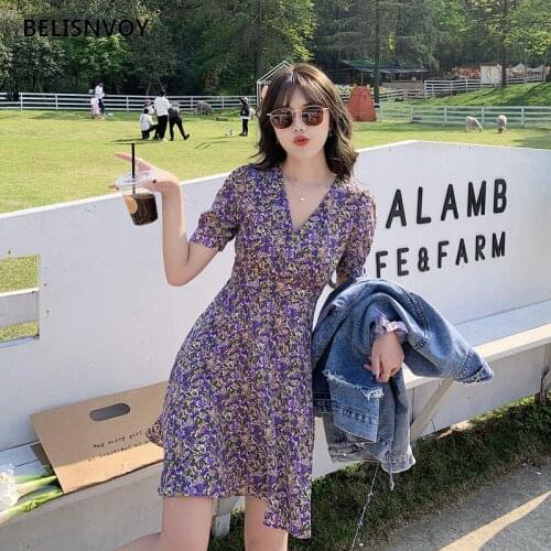 Women Summer Mini Dress 2021 Beach Style V-Neck A-Line Floral Printed Streetwear Party Korean Fashion Vestidos Femininos Verao