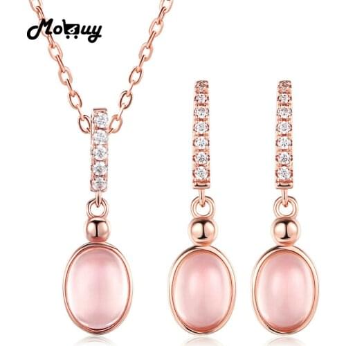 MoBuy Cute 925 Sterling Silver Jewelry Set Oval Natural Gemstone Pink Rose Quartz Rose Gold Plated Fine Jewelry For Women V021EN