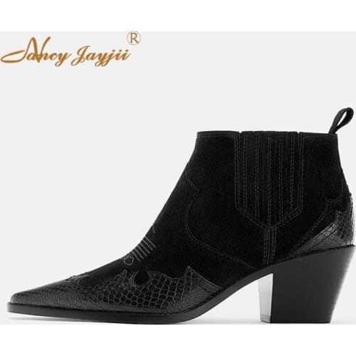 Womens ankle boots fashion female black pointed animal pattern sewing casual office occupation 2019 winter large size 4-16