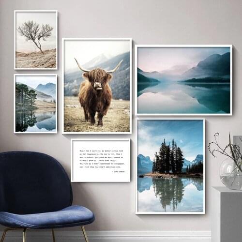 Nordic Style Nature Lake Landscape Canvas Print Scandinavian Poster Animal Cow Wall Art Painting Picture Modern Home Decor
