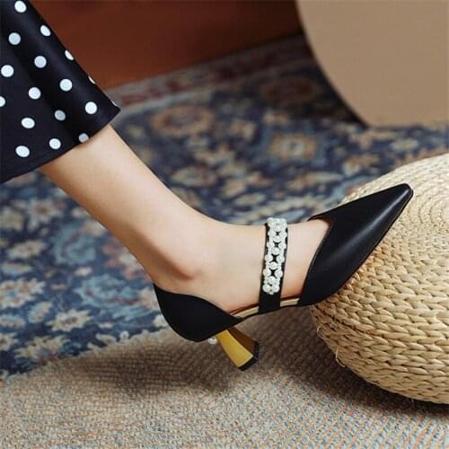 PXELENA Chic Korean Beads Women Sandals Pearls Strange High Heels Shoes Plus Size 34-43 Pointed Toe 2021 Summer Beige Black Date